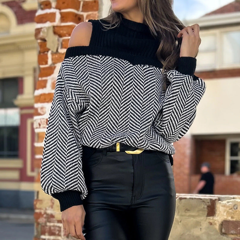 Damen Schulterfreier Strickpullover mit Fischgrätmuster und weitem Ballonärmel Shop Nory