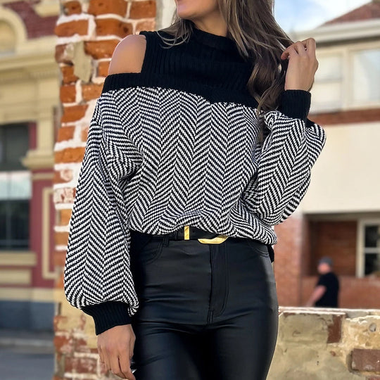 Damen Schulterfreier Strickpullover mit Fischgrätmuster und weitem Ballonärmel Shop Nory