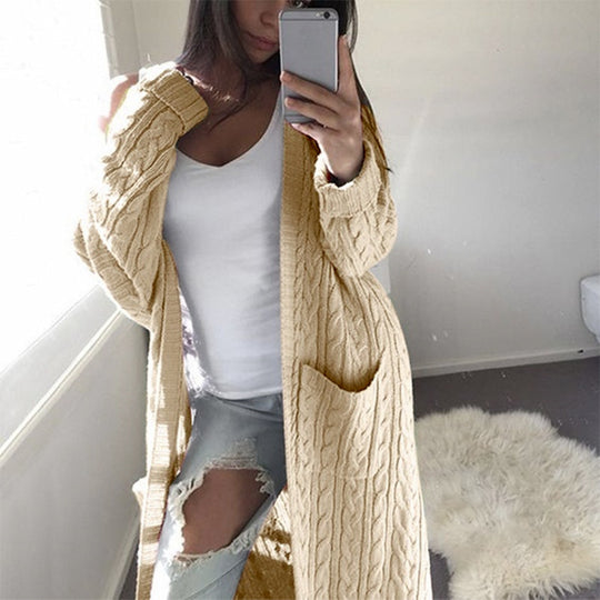 Damen Langer Oversize Zopfmuster-Strickcardigan mit Eingrifftaschen Shop Nory