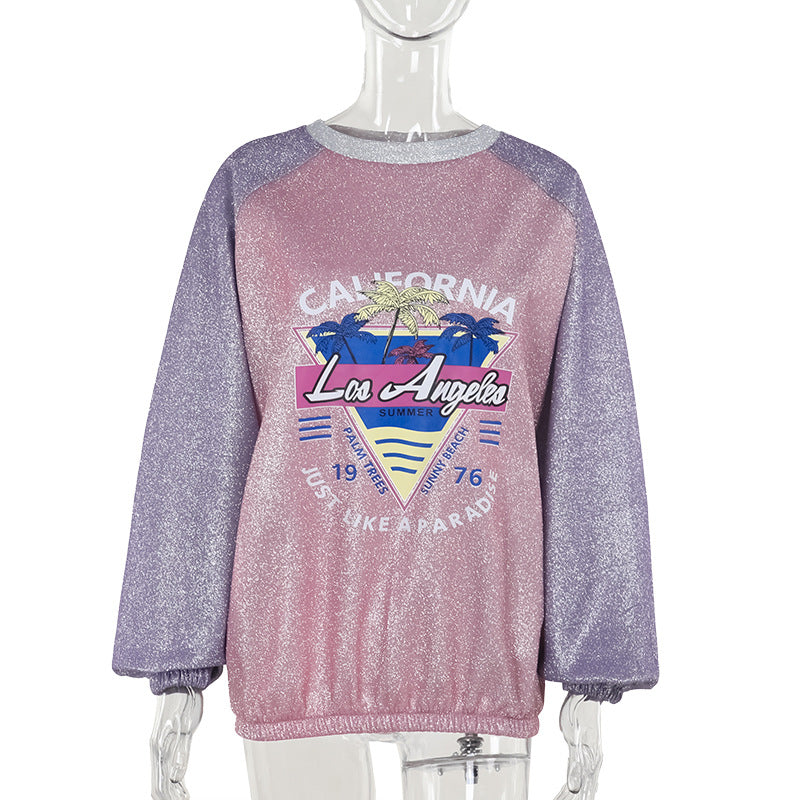 Damen Glitzerndes Oversize-Sweatshirt mit Raglanärmeln und Retro-Los-Angeles-Print Shop Nory