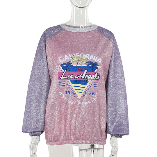 Damen Glitzerndes Oversize-Sweatshirt mit Raglanärmeln und Retro-Los-Angeles-Print Shop Nory