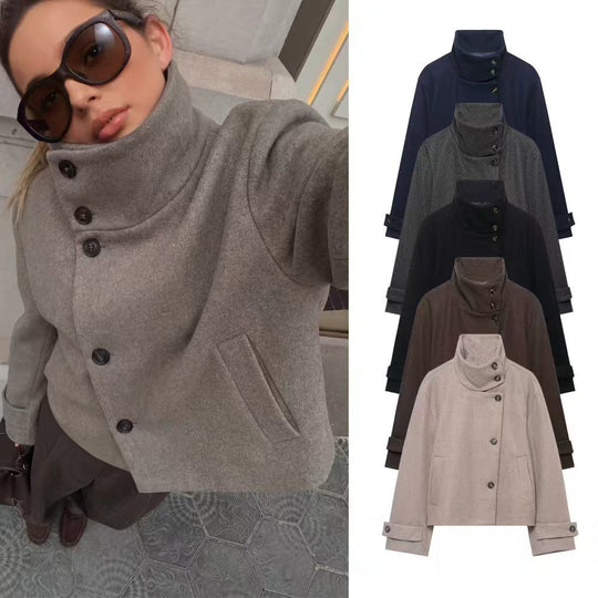 Damen Cropped Wollmix-Kurzjacke mit hohem Stehkragen, asymmetrischer Knopfleiste und Krempelmanschetten Shop Nory