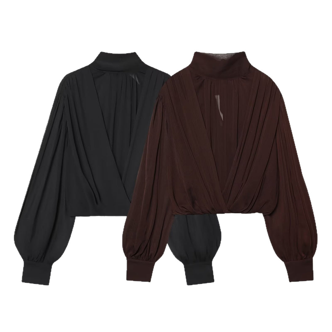 Damen Kurzgeschnittene Wickelbluse mit Stehkragen und voluminösen Ballonärmeln Shop Nory