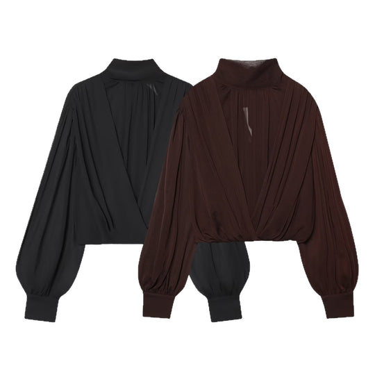 Damen Kurzgeschnittene Wickelbluse mit Stehkragen und voluminösen Ballonärmeln Shop Nory