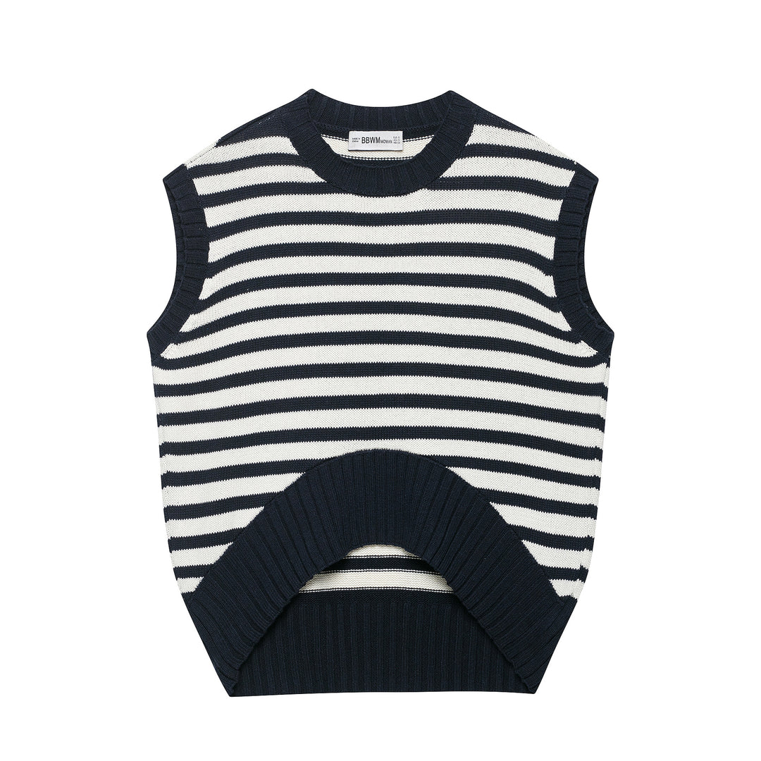 Damen Gestreifte Strickweste mit Rundhalsausschnitt und breitem Rippenbund Shop Nory
