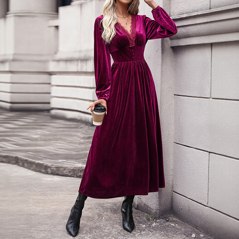 Damen Samt-Maxikleid mit V-Ausschnitt und Empire-Taille Shop Nory