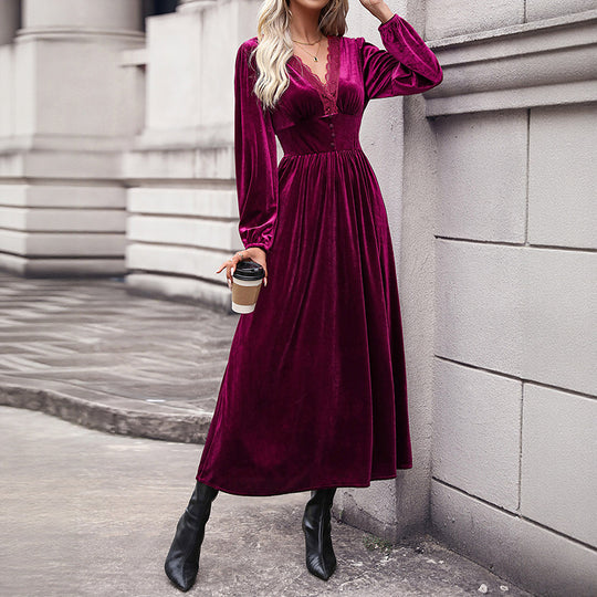 Damen Samt-Maxikleid mit V-Ausschnitt und Empire-Taille Shop Nory