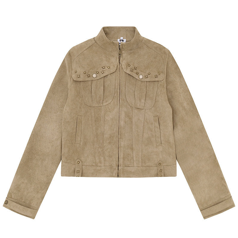 Damen Kurz geschnittene Velourslederjacke mit Stehkragen, Zier‑Nieten und Pattentaschen Shop Nory