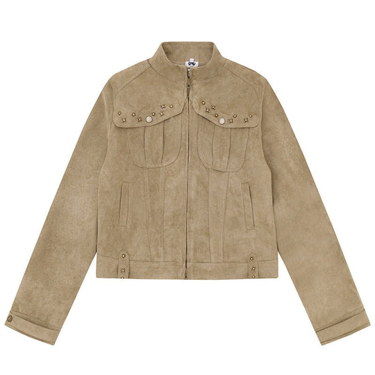Damen Kurz geschnittene Velourslederjacke mit Stehkragen, Zier‑Nieten und Pattentaschen Shop Nory