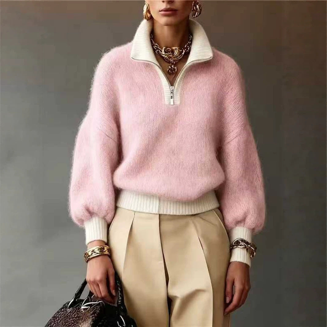 Damen Flauschiger Pullover mit halbem Reißverschluss, Stehkragen und Ballonärmeln Shop Nory