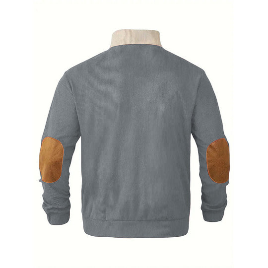 Herren Strukturierter Halbknopf-Pullover mit Stehkragen, Rippenstruktur und Ellenbogen-Patches Shop Nory