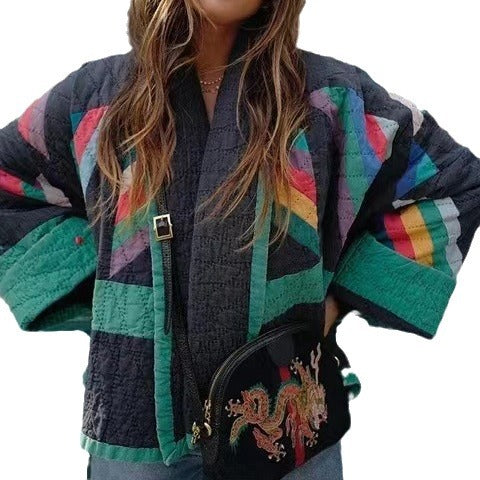 Damen wattierte Kimono-Steppjacke mit Patchwork-Design und weiten Ärmeln Shop Nory