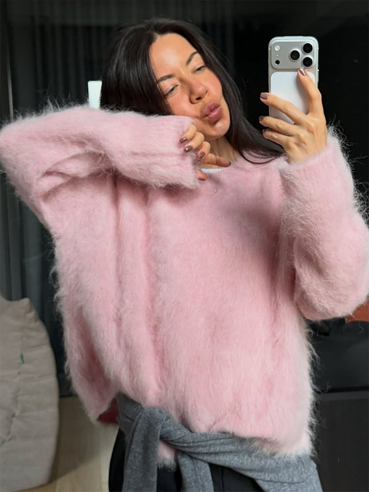 Damen Oversized Mohairpullover mit flauschiger Textur und Rundhalsausschnitt Shop Nory