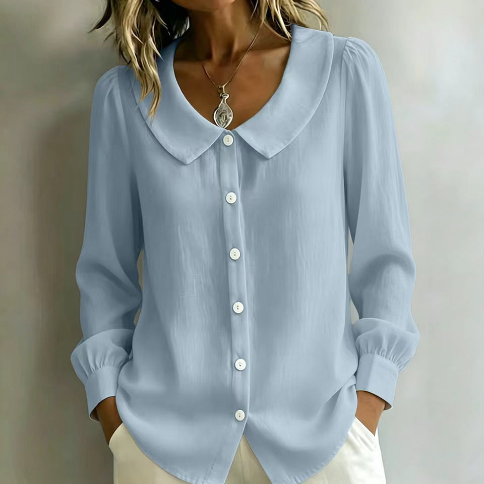 Damen Locker geschnittene Bluse mit Rundkragen, Puffärmeln und Perlmuttknopfleiste Shop Nory