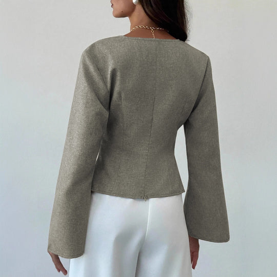 Damen Wickelbluse mit taillierter Drapierung und ausgestellten Ärmeln Shop Nory