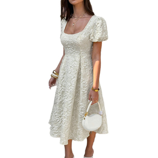 Damen Midi-Kleid mit Puffärmeln und detailliertem Strukturdesign