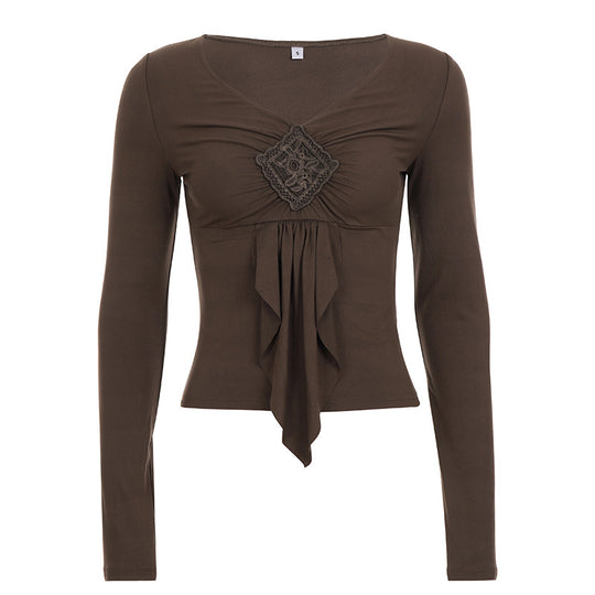 Damen nan figurbetontes Langarmshirt mit Drapé-Vorderteil und gehäkelter Mittelapplikation Shop Nory