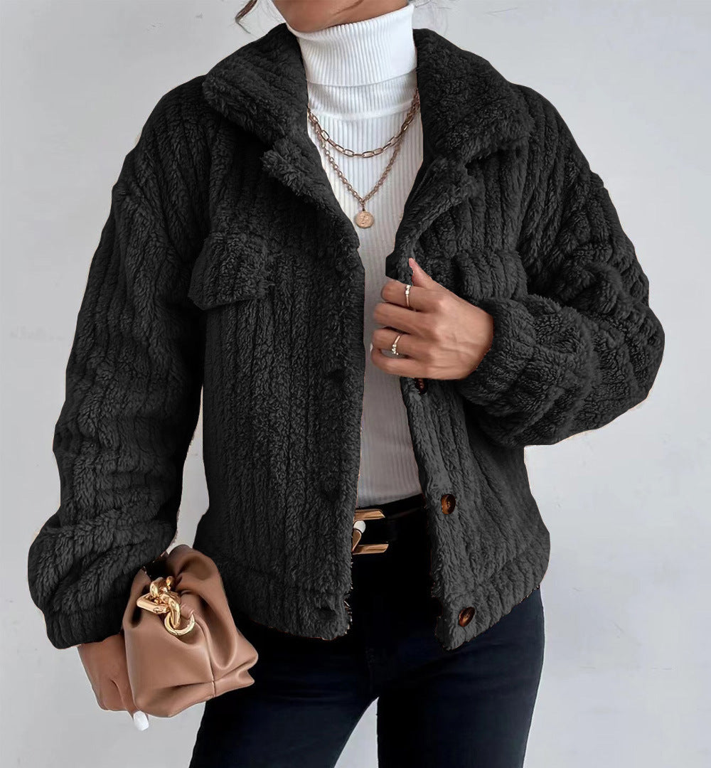 Damen nan kuschelige Teddyjacke mit Hemdkragen, Druckknopfverschluss und aufgesetzten Brusttaschen Shop Nory