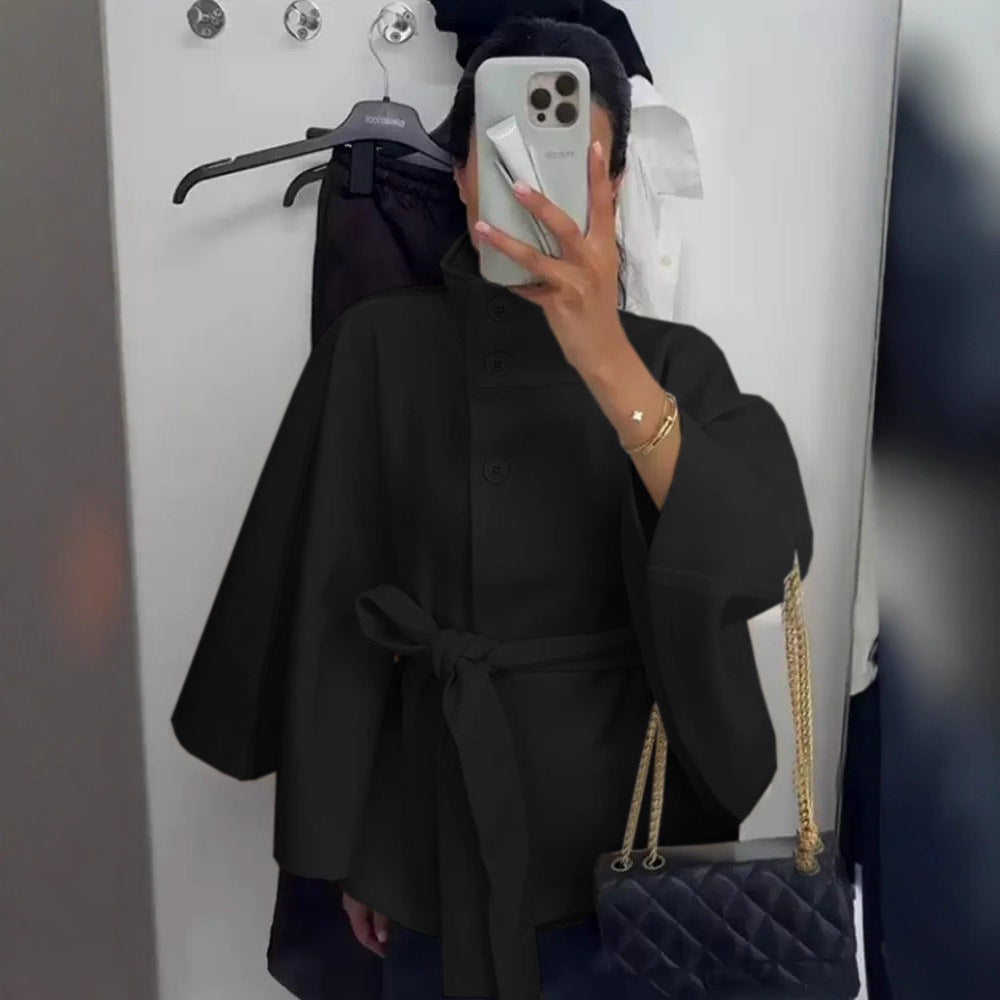 Damen nan weite Cape-Jacke mit Stehkragen, verdeckter Knopfleiste und Bindegürtel Shop Nory