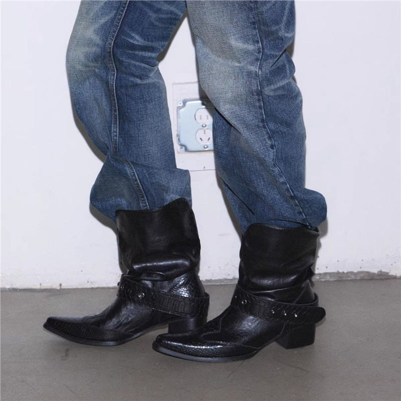 Damen Cowboystiefel mit spitzer Zehenpartie, Schlangenprägung und Nietenriemen Shop Nory