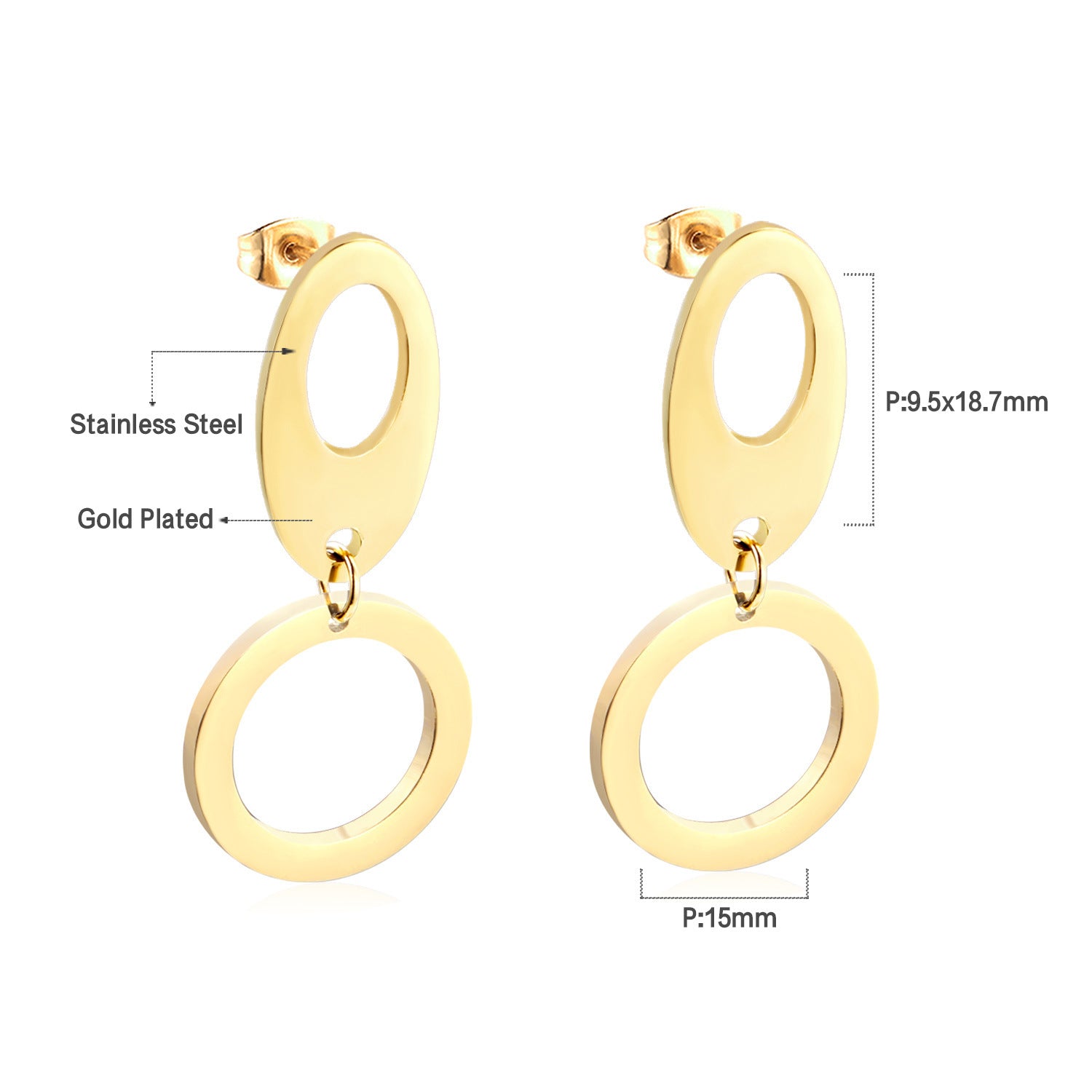 Damen Ohrringe mit elegantem, doppellagigem Rechteckdesign aus Edelstahl und goldplattierter Oberfläche Shop Nory