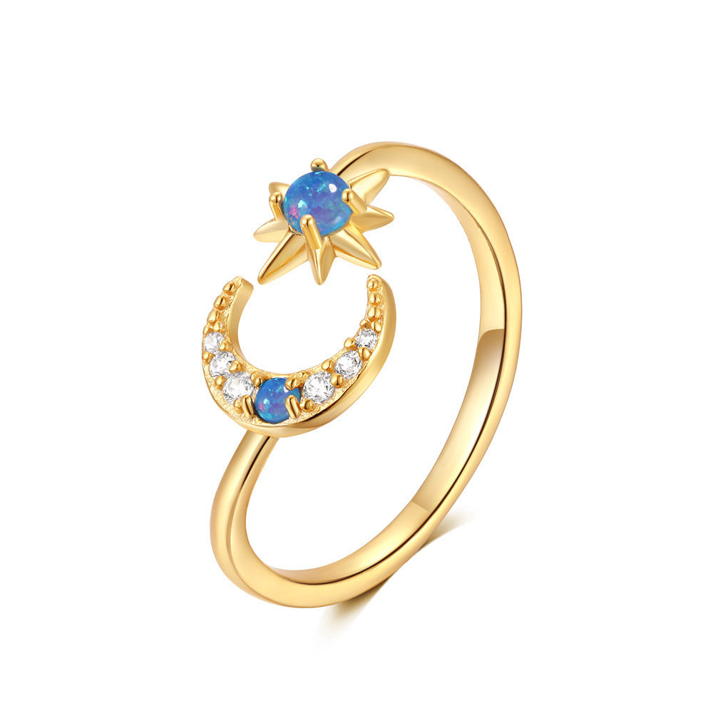 S925 Sterling Silber Stern Mond Eingelassene Opal Zwillings-Halskette Verstellbare Ring Set   Heiße Verkaufs Schmuck | Shop Nory