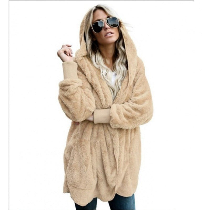 Damen Kuschelige Teddy‑Fleece‑Cardigan mit Kapuze, Oversize‑Schnitt und aufgesetzten Taschen Shop Nory