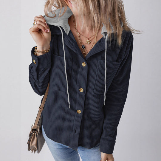 Damen Gerippte Hemdjacke mit Kapuze, Knopfleiste und aufgesetzten Taschen Shop Nory
