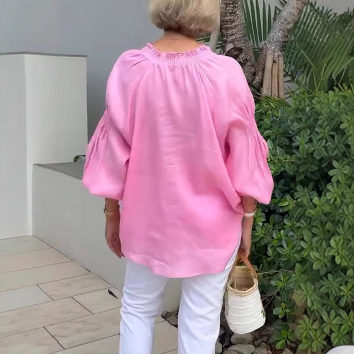 Damen lässige Kleidungsbluse mit Ballonärmeln und Knopfleiste
