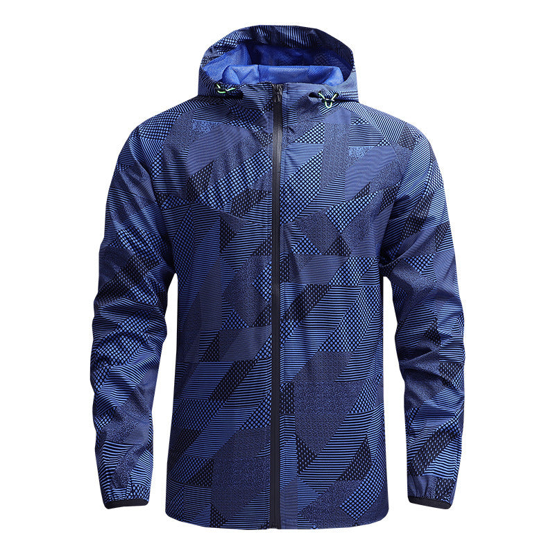 Herren Ultraleichte atmungsaktive Windjacke mit Kapuze und reflektierendem Geometrie-Print Shop Nory