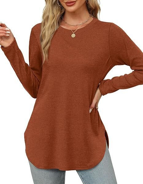 Damen Lässiges Longsleeve-Tunikaoberteil mit Rundhalsausschnitt, Seitenschlitzen und Aquarell-Blattprint Shop Nory