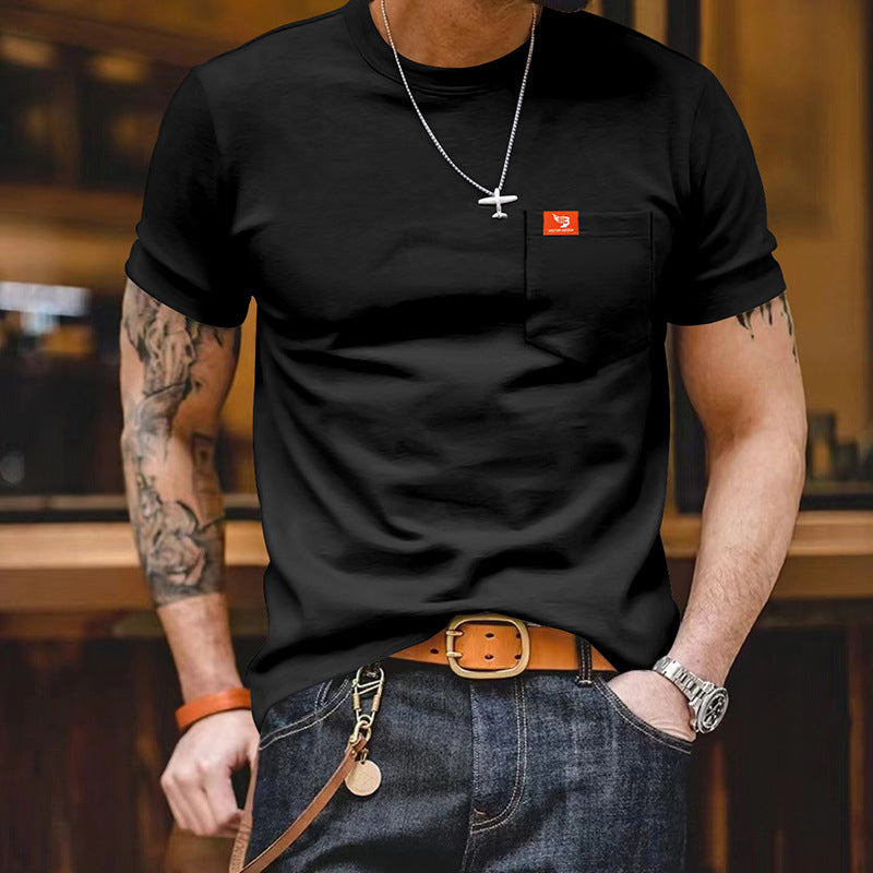 Herren klassisches Kurzarm T-Shirt mit Brusttasche aus hochwertiger Baumwolle