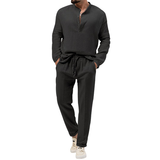 Herren Lässiges Zweiteiliges Lounge-Set aus Baumwoll-Gauze mit Henley-Oberteil und Tunnelzug-Hose Shop Nory