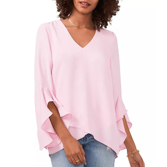 Damen Chiffon-Bluse mit V-Ausschnitt, asymmetrischem Saum und Volant-Ärmeln Shop Nory