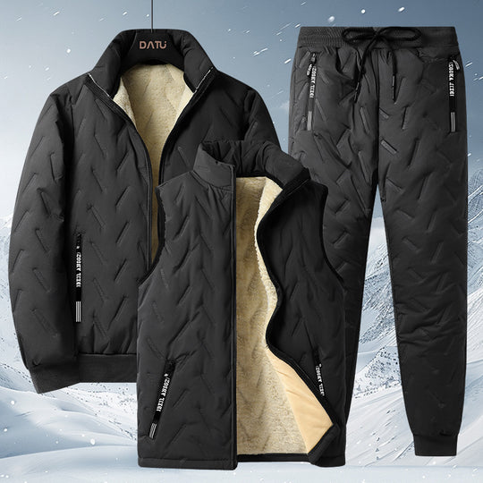 Herren dreiteiliges Thermo-Fleecegefüttertes Freizeit- und Outdoor-Set mit gesteppter Jacke Weste und Jogginghose Shop Nory