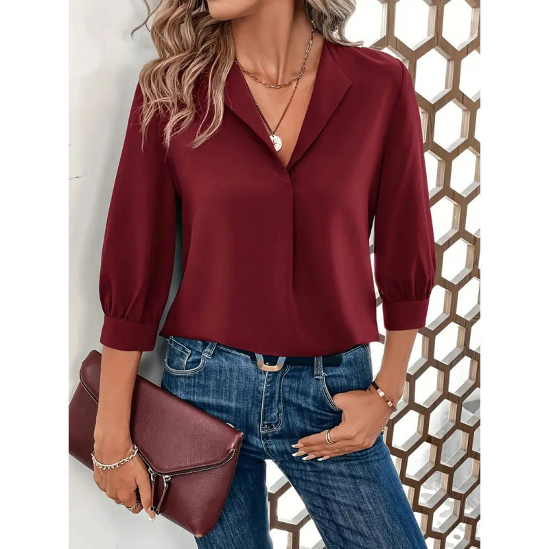 Damen Elegante ViskosShopnoryluse mit 3/4-Ärmeln und V-Ausschnitt