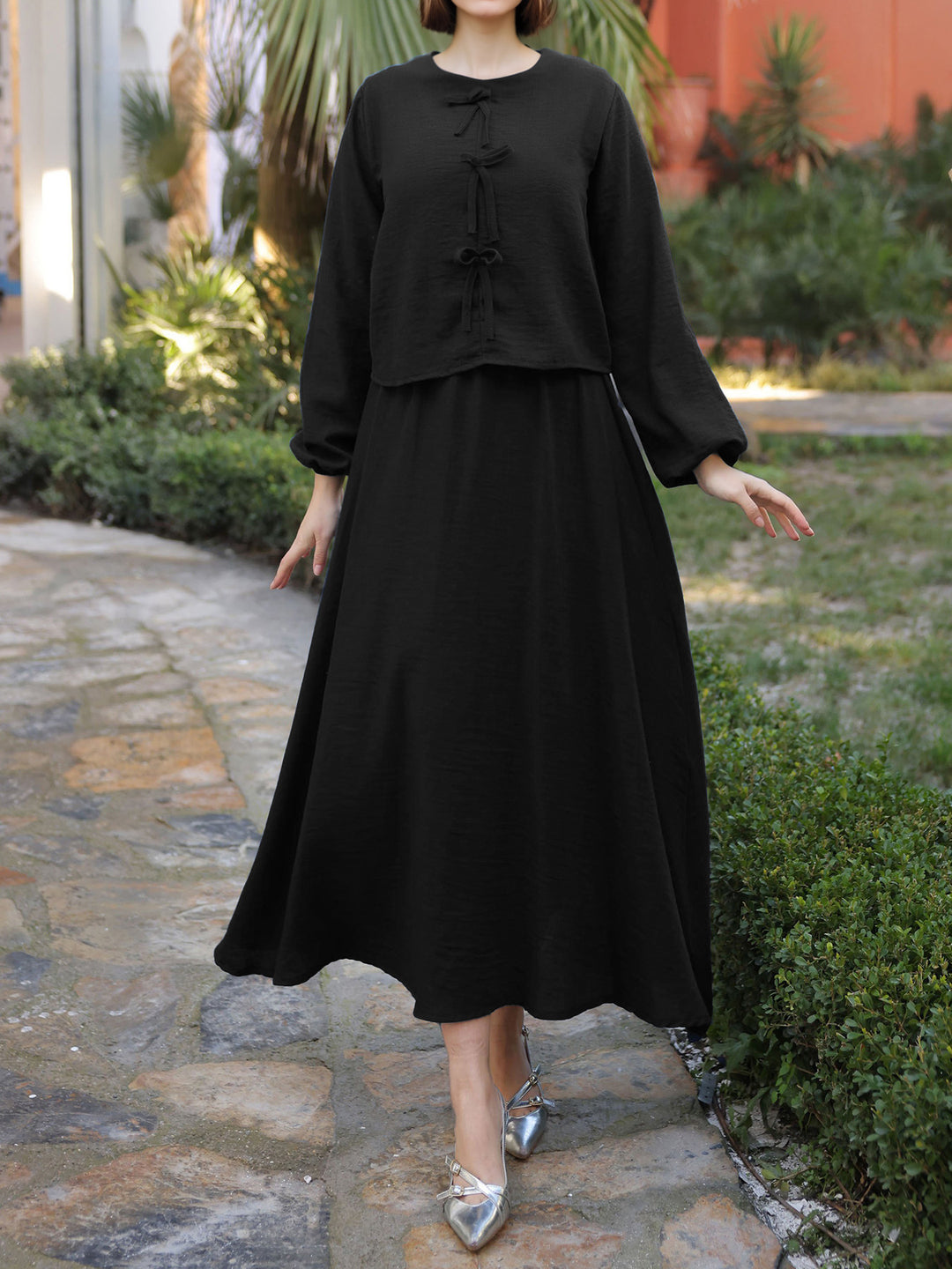 Damen Langes Zweiteiliges Maxikleid mit Überwurf, Rundhals und Zierknoten Shop Nory