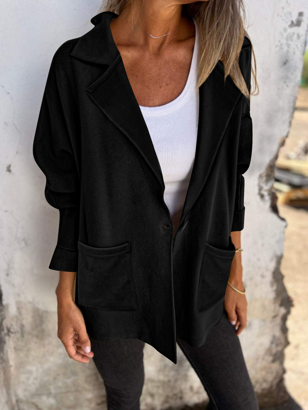Damen Oversize Blazer-Cardigan mit Reverskragen, aufgesetzten Taschen und Krempelärmeln Shop Nory