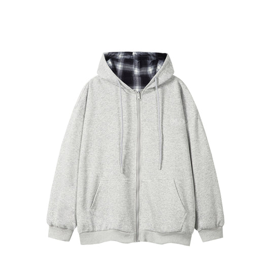 Unisex Oversize-Kapuzenzipjacke mit karierter Kapuzenfütterung und Kängurutaschen Shop Nory
