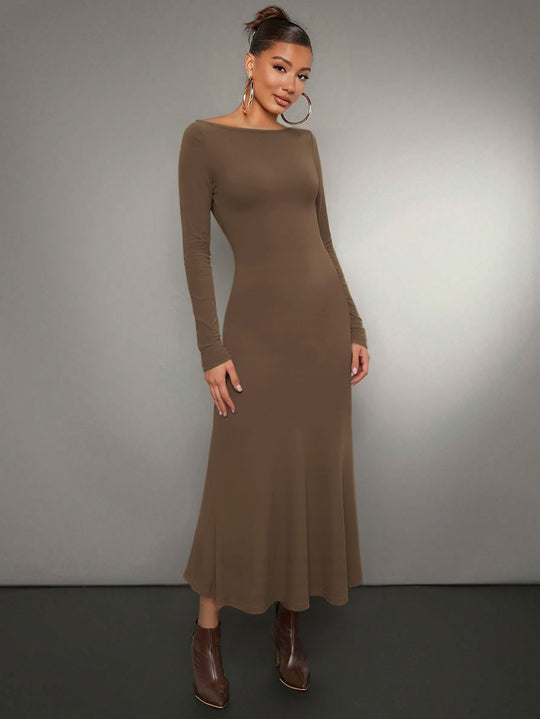 Damen figurbetontes Maxikleid mit U-Boot-Ausschnitt langem Ärmel und schmeichelndem Trompetensaum Shop Nory