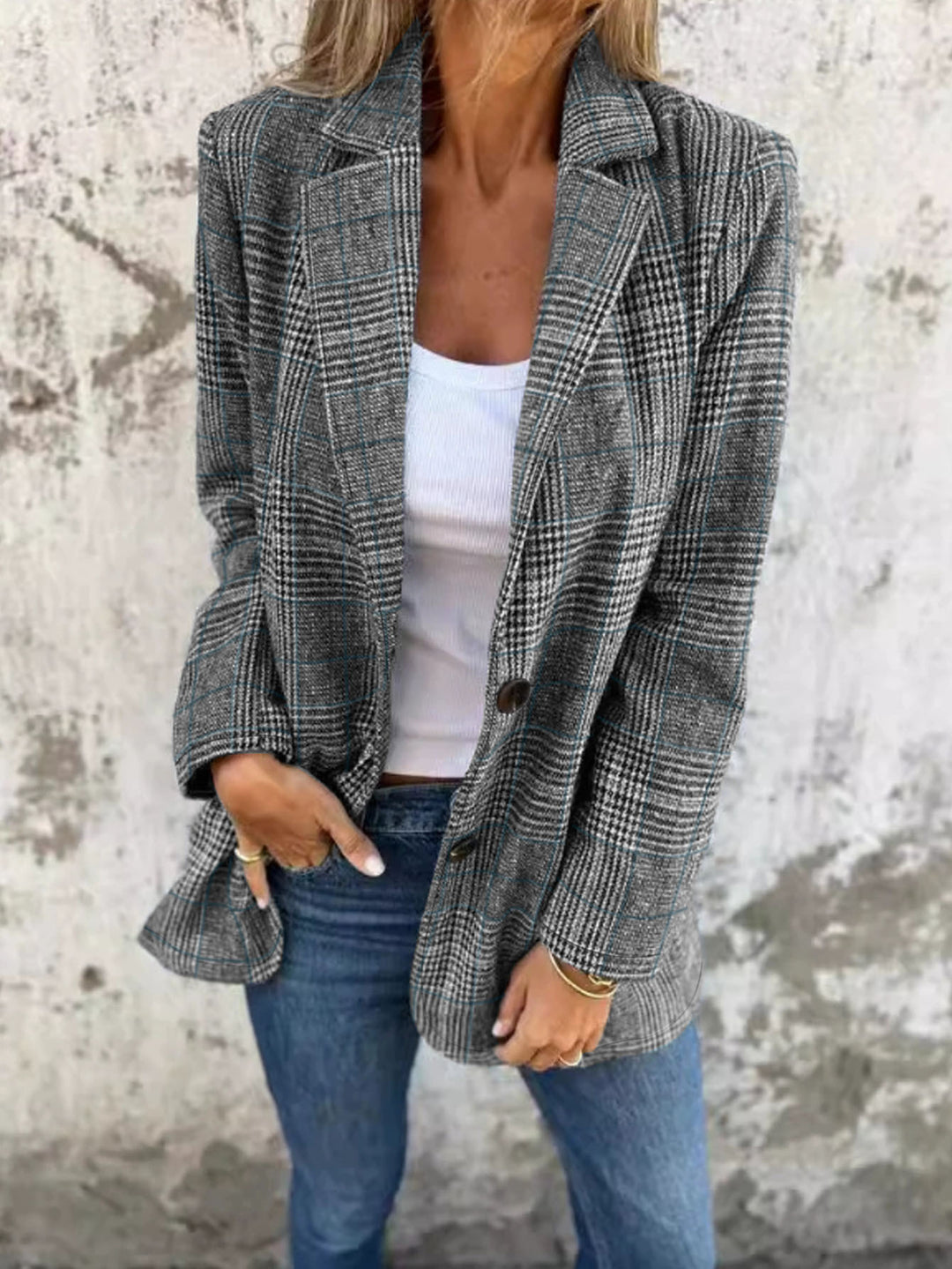 Damen Lockerer Glencheck-Blazer mit Reverskragen, Pattentaschen und Ein-Knopf-Verschluss Shop Nory