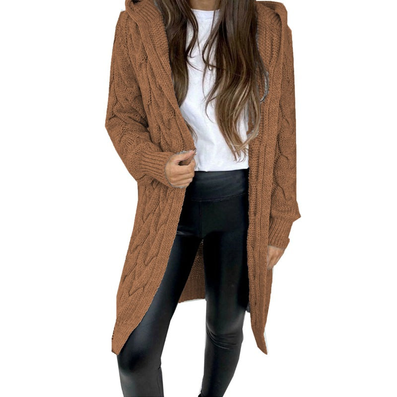 Damen lange Strickjacke mit Kapuze und Zopfdesign