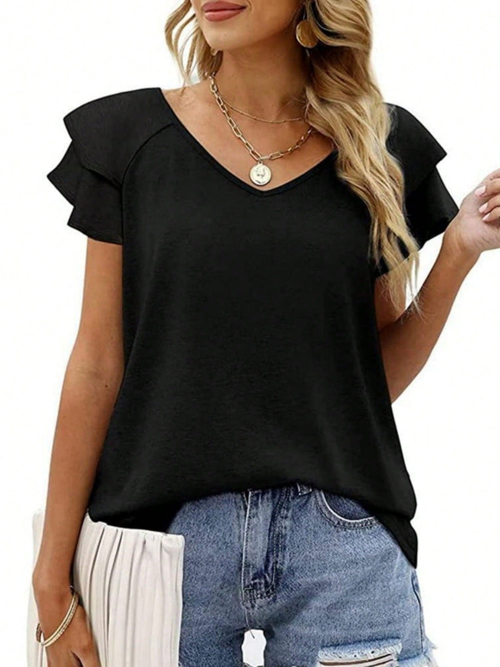 Damen V-Ausschnitt T-Shirt mit Rüschendetails