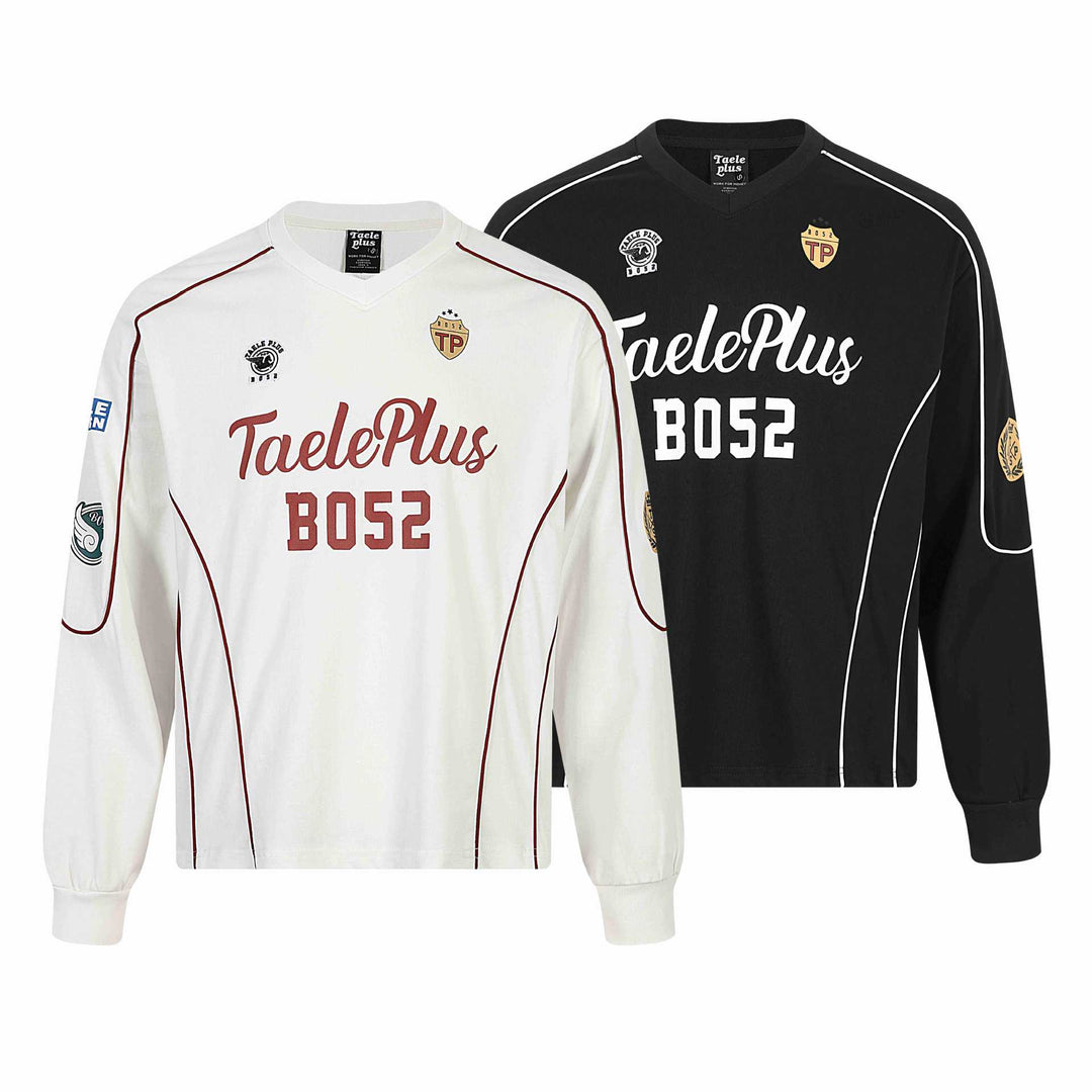 Herren Retro-inspiriertes Langarm-Fußballtrikot mit V-Ausschnitt und Kontrastpaspeln Shop Nory