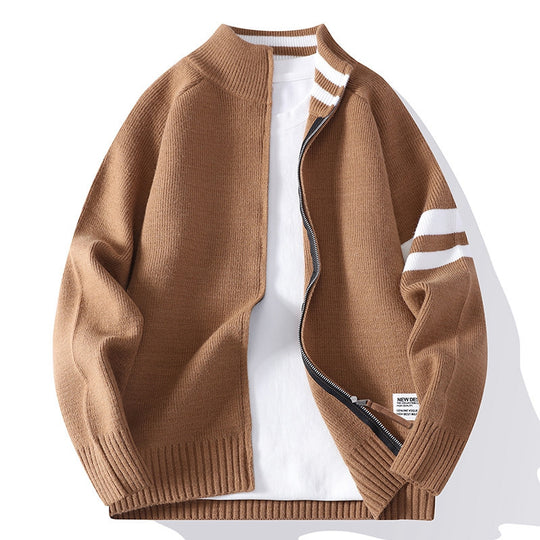 Herren gestrickte Zip-Cardigan im College-Stil mit gestreiftem Ärmelband und geripptem Stehkragen Shop Nory