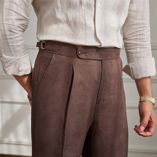 Herren Leinenhose mit hoher Taille, Bundfalten und verstellbarem Seitenriegel Shop Nory