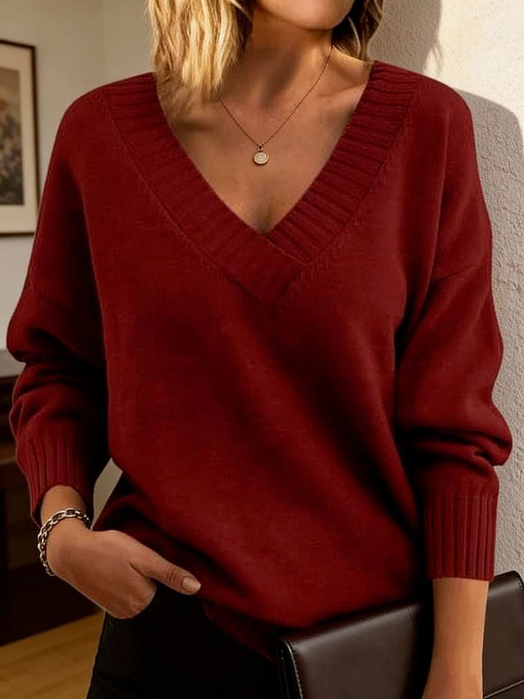 Damen Feinstrickpullover mit tiefem V-Ausschnitt und überschnittener Schulter Shop Nory