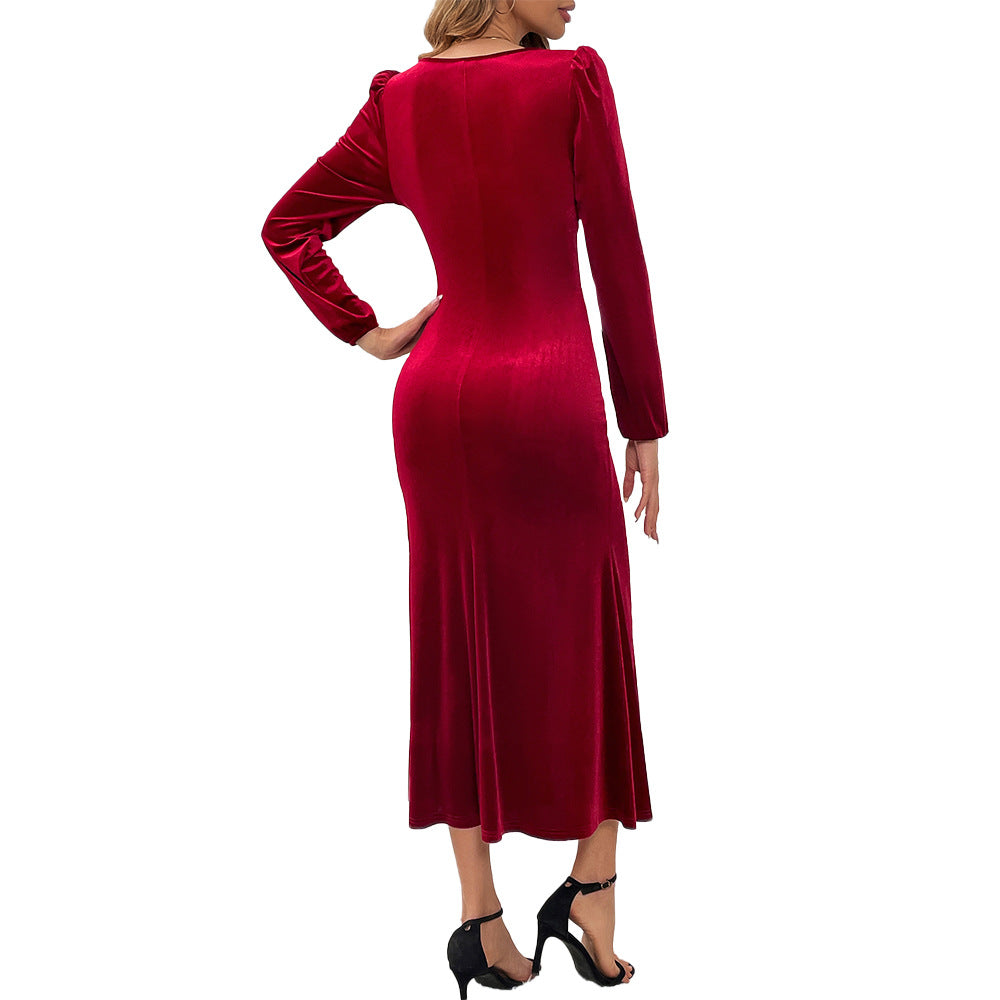 Damen Samt-Maxikleid mit taillierter Silhouette, Puffschultern und fließendem Tulpenrock Shop Nory