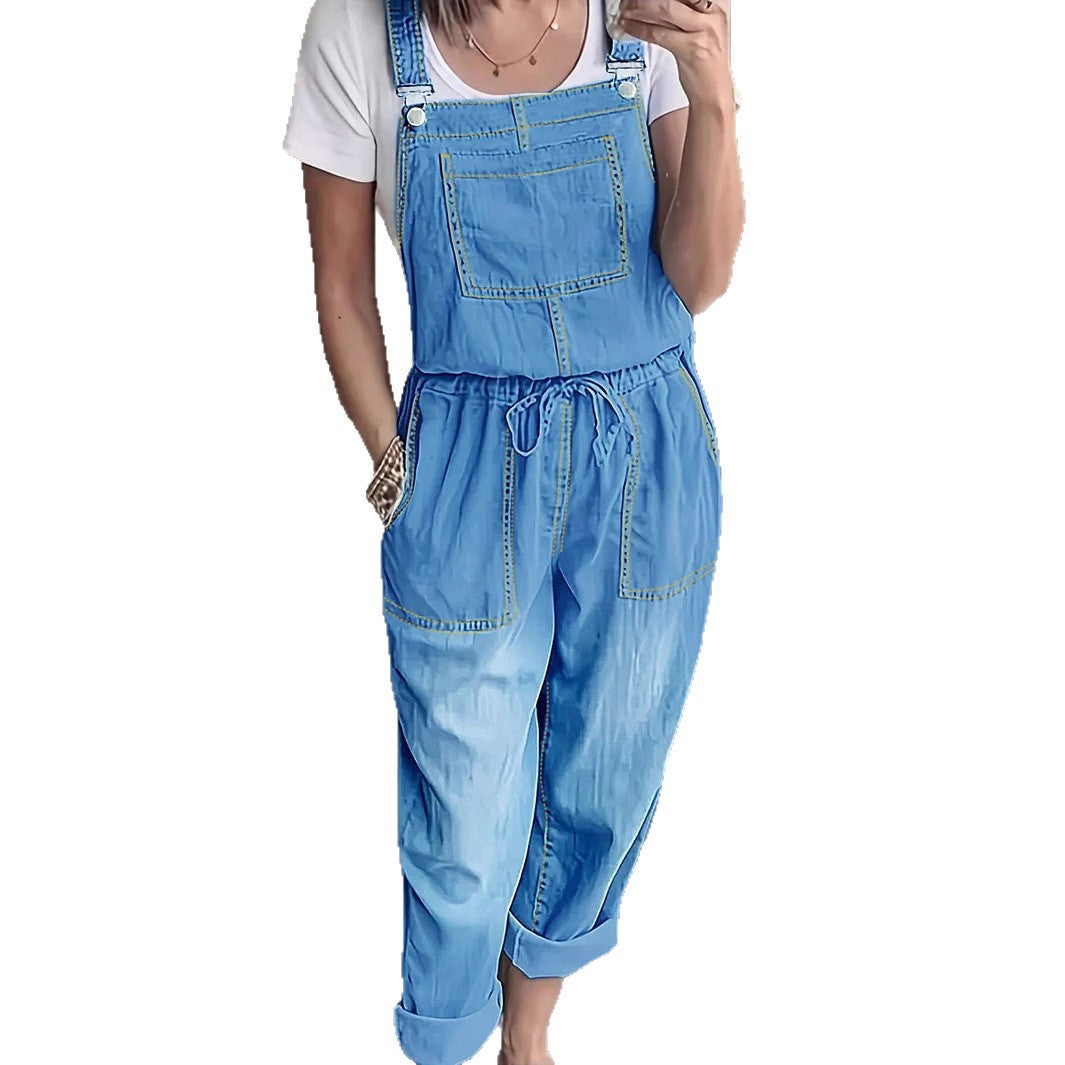 Damen Lässiger Denim-Latzoverall mit Tunnelzugbund und aufgesetzten Taschen Shop Nory