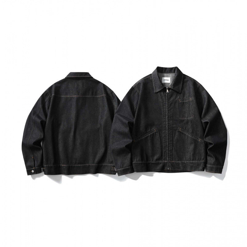 Unisex Kastige Denim-Blousonjacke mit durchgehendem Reißverschluss, Hemdkragen und aufgesetzten Eingrifftaschen Shop Nory